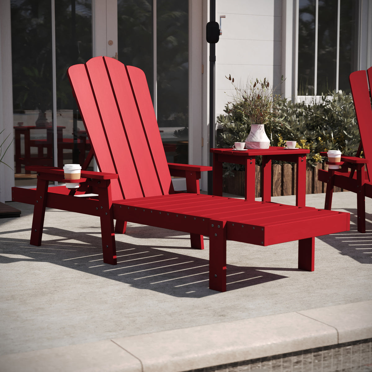 Red |#| 3pc Commercial Indoor/Outdoor Adirondack Set with 2 Loungers, Side Table in Red