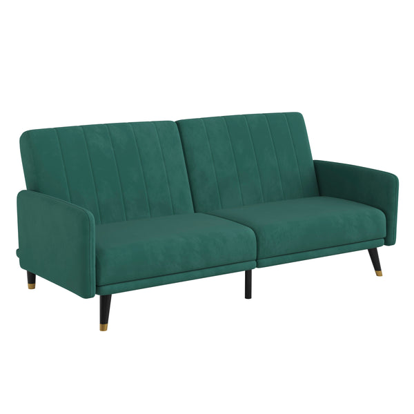 Emerald |#| Convertible Split Back Futon Sofa Sleeper with Wooden Legs in Emerald Velvet