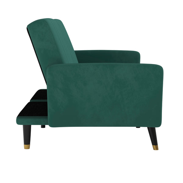 Emerald |#| Convertible Split Back Futon Sofa Sleeper with Wooden Legs in Emerald Velvet