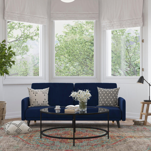 Navy |#| Convertible Split Back Futon Sofa Sleeper with Wooden Legs in Navy Velvet