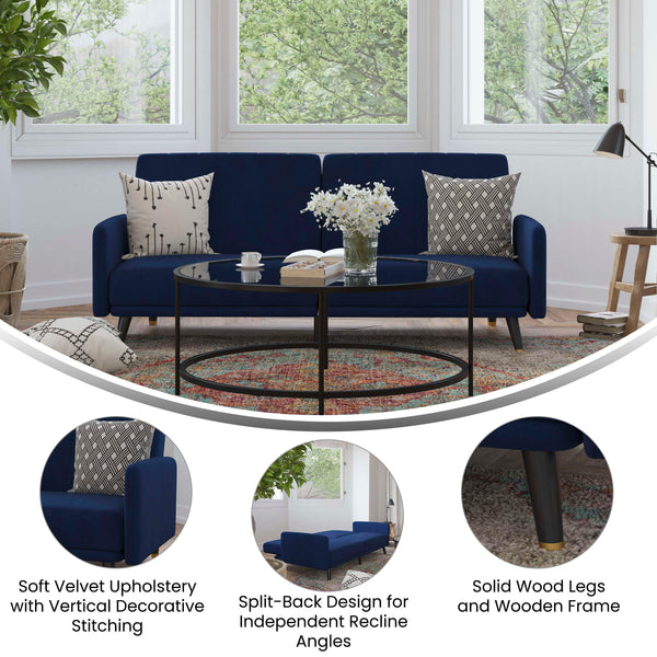 Navy |#| Convertible Split Back Futon Sofa Sleeper with Wooden Legs in Navy Velvet