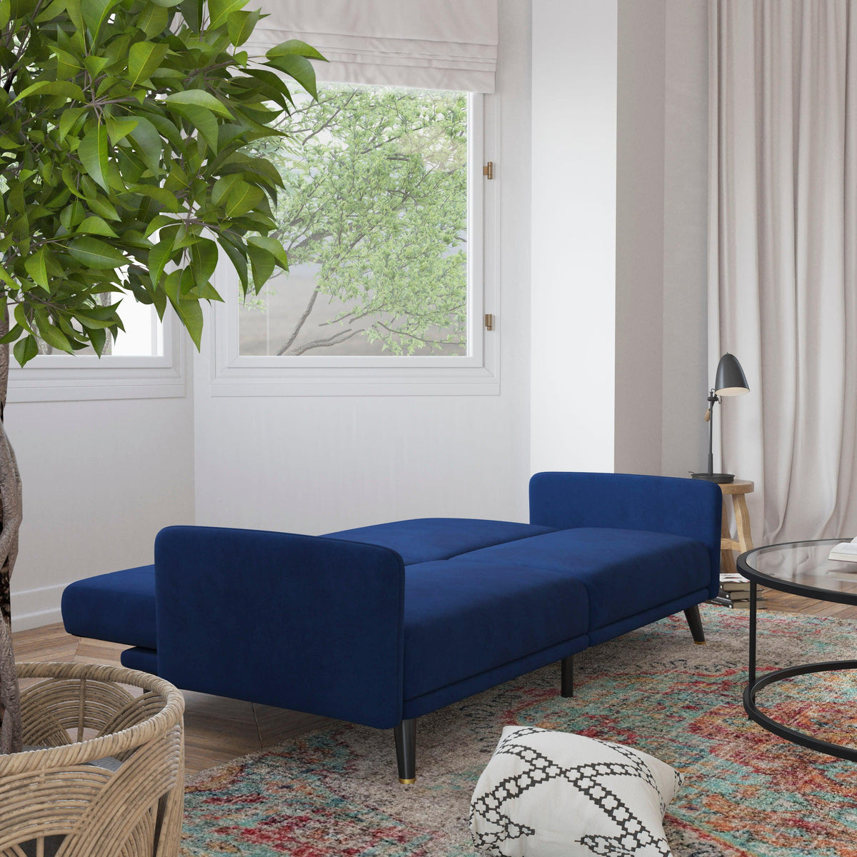 Navy |#| Convertible Split Back Futon Sofa Sleeper with Wooden Legs in Navy Velvet