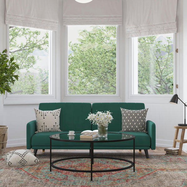 Emerald |#| Convertible Split Back Futon Sofa Sleeper with Wooden Legs in Emerald Velvet