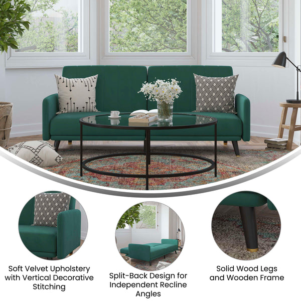 Emerald |#| Convertible Split Back Futon Sofa Sleeper with Wooden Legs in Emerald Velvet