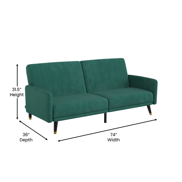 Emerald |#| Convertible Split Back Futon Sofa Sleeper with Wooden Legs in Emerald Velvet