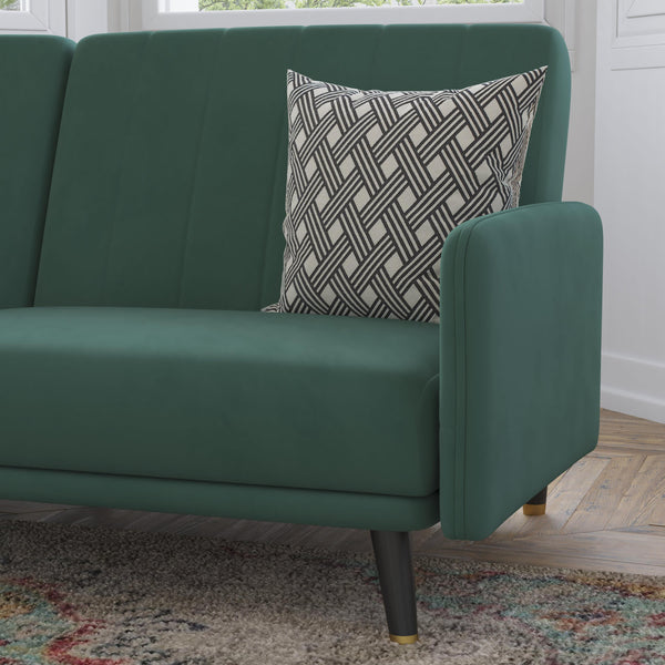 Emerald |#| Convertible Split Back Futon Sofa Sleeper with Wooden Legs in Emerald Velvet