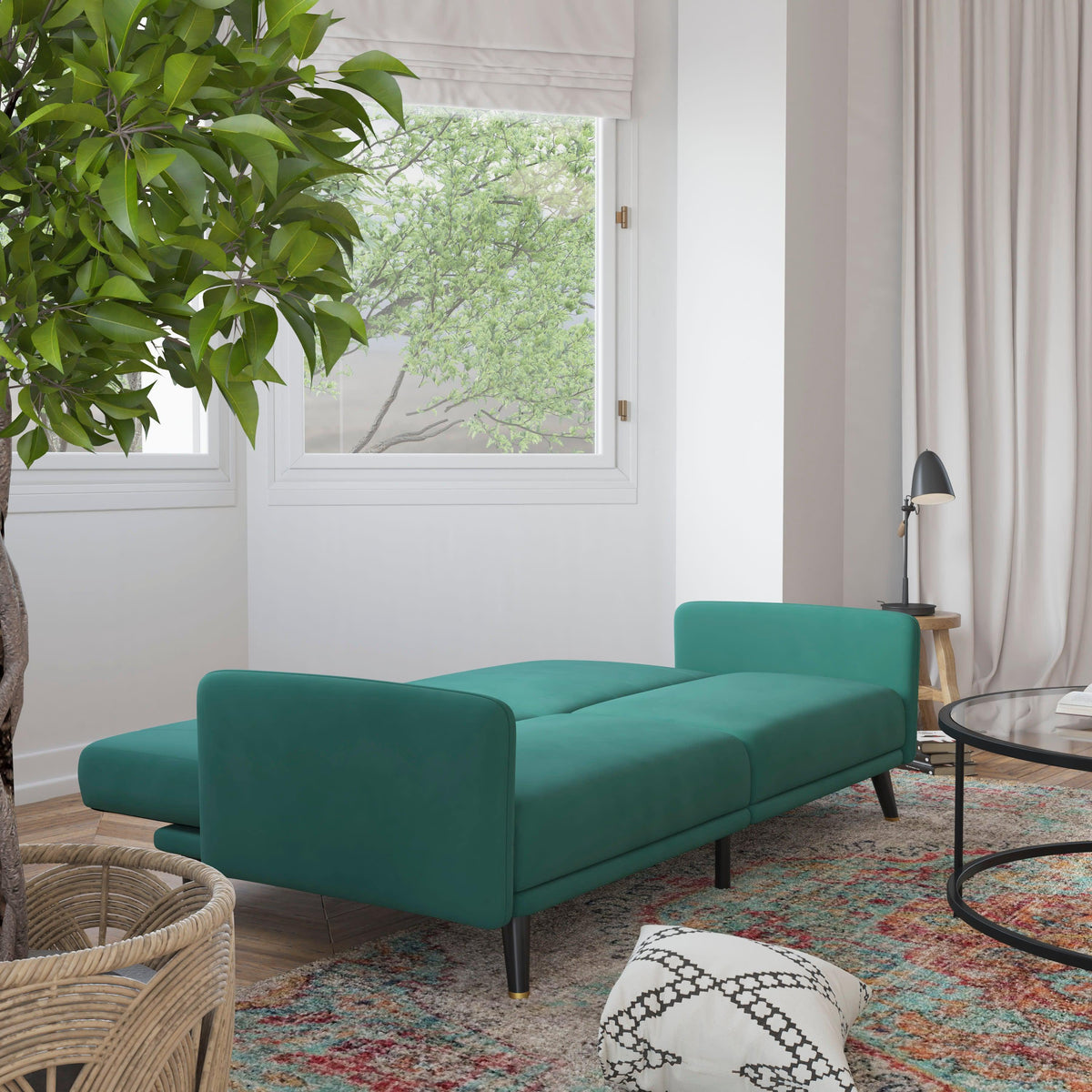 Emerald |#| Convertible Split Back Futon Sofa Sleeper with Wooden Legs in Emerald Velvet