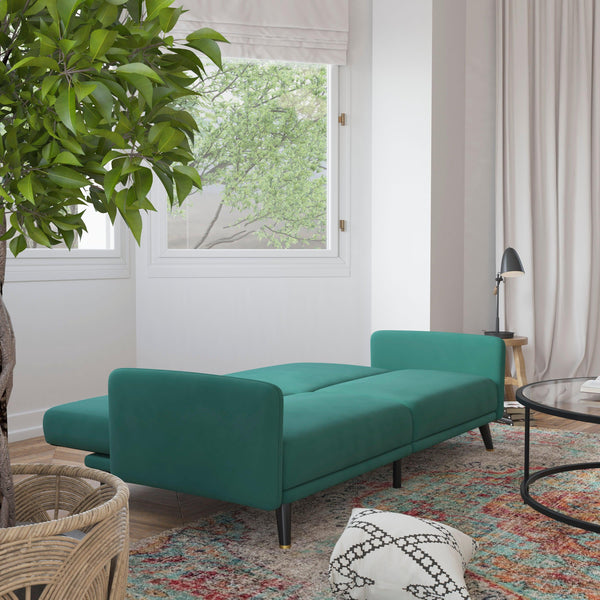 Emerald |#| Convertible Split Back Futon Sofa Sleeper with Wooden Legs in Emerald Velvet