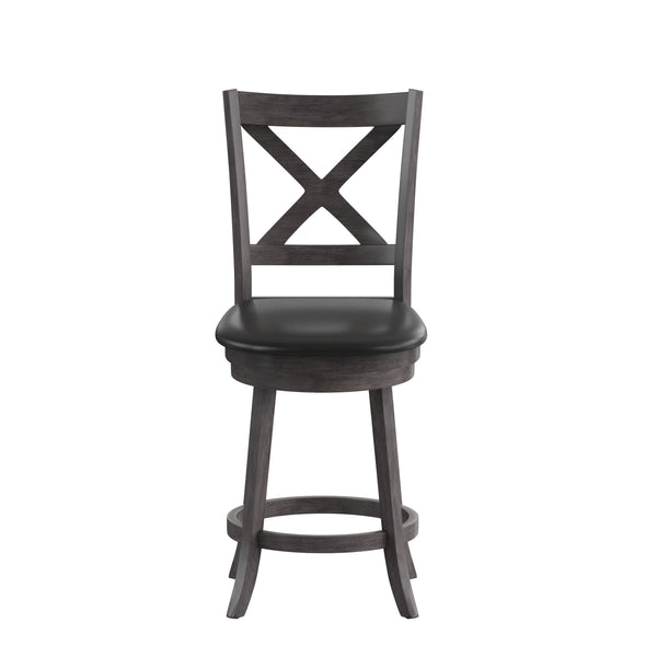 Black Vinyl/Gray Wash Walnut Frame |#| 24inch Crossback Wooden Swivel Stool - Padded Seat-Gray Wash/Black Faux Leather