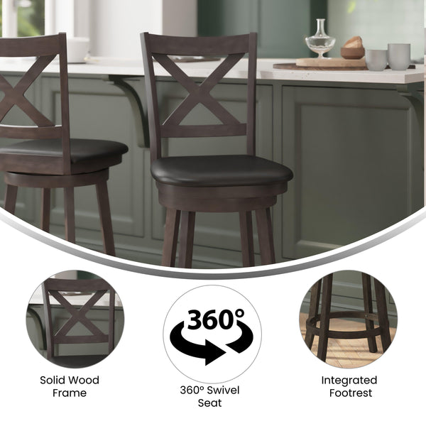 Black Vinyl/Gray Wash Walnut Frame |#| 24inch Crossback Wooden Swivel Stool - Padded Seat-Gray Wash/Black Faux Leather