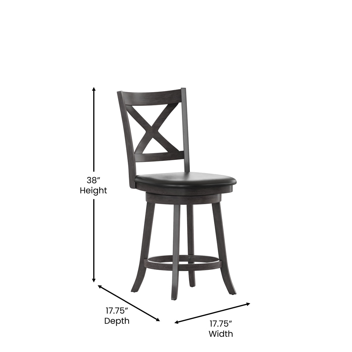 Black Vinyl/Gray Wash Walnut Frame |#| 24inch Crossback Wooden Swivel Stool - Padded Seat-Gray Wash/Black Faux Leather