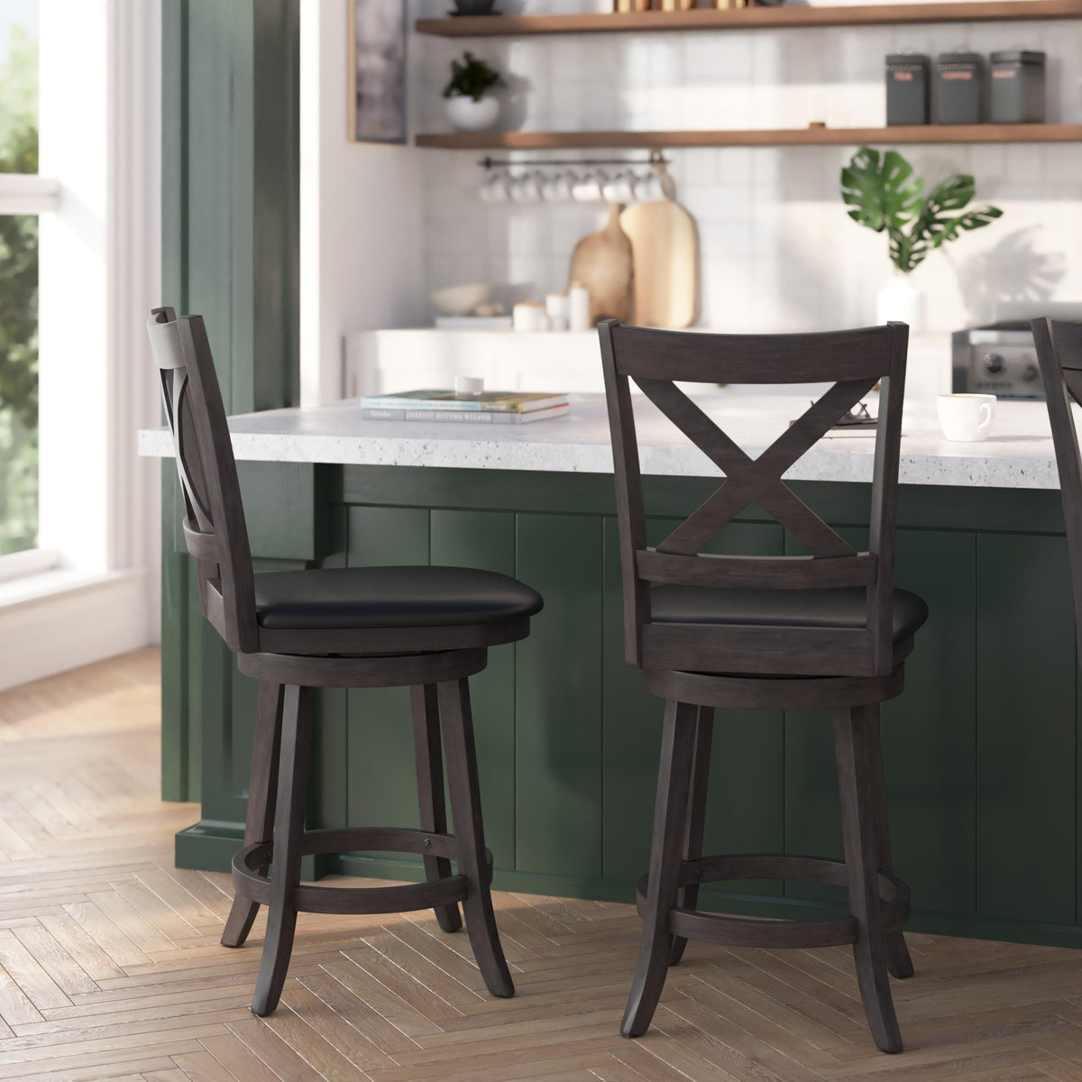 Black Vinyl/Gray Wash Walnut Frame |#| 24inch Crossback Wooden Swivel Stool - Padded Seat-Gray Wash/Black Faux Leather