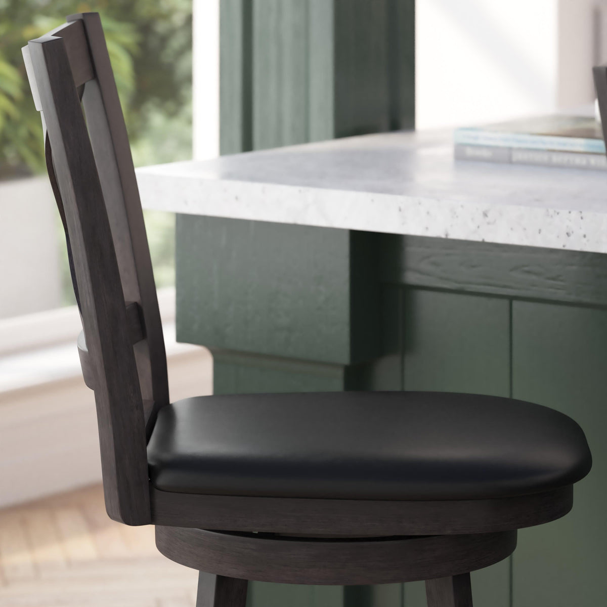 Black Vinyl/Gray Wash Walnut Frame |#| 24inch Crossback Wooden Swivel Stool - Padded Seat-Gray Wash/Black Faux Leather