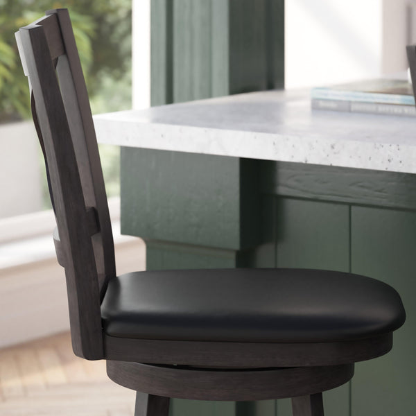 Black Vinyl/Gray Wash Walnut Frame |#| 24inch Crossback Wooden Swivel Stool - Padded Seat-Gray Wash/Black Faux Leather