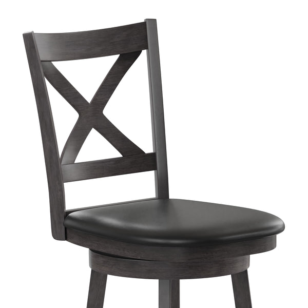 Black Vinyl/Gray Wash Walnut Frame |#| 24inch Crossback Wooden Swivel Stool - Padded Seat-Gray Wash/Black Faux Leather