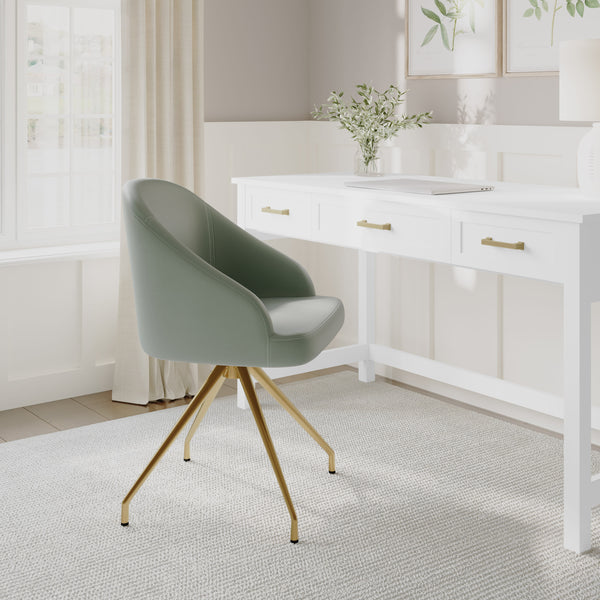 Sage Faux Leather/Polished Brass Frame |#| Faux Leather Upholstered Stationary Swivel Home Office Chair -Sage/PolishedBrass