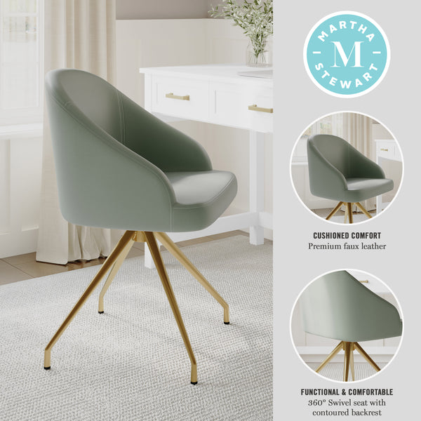 Sage Faux Leather/Polished Brass Frame |#| Faux Leather Upholstered Stationary Swivel Home Office Chair -Sage/PolishedBrass
