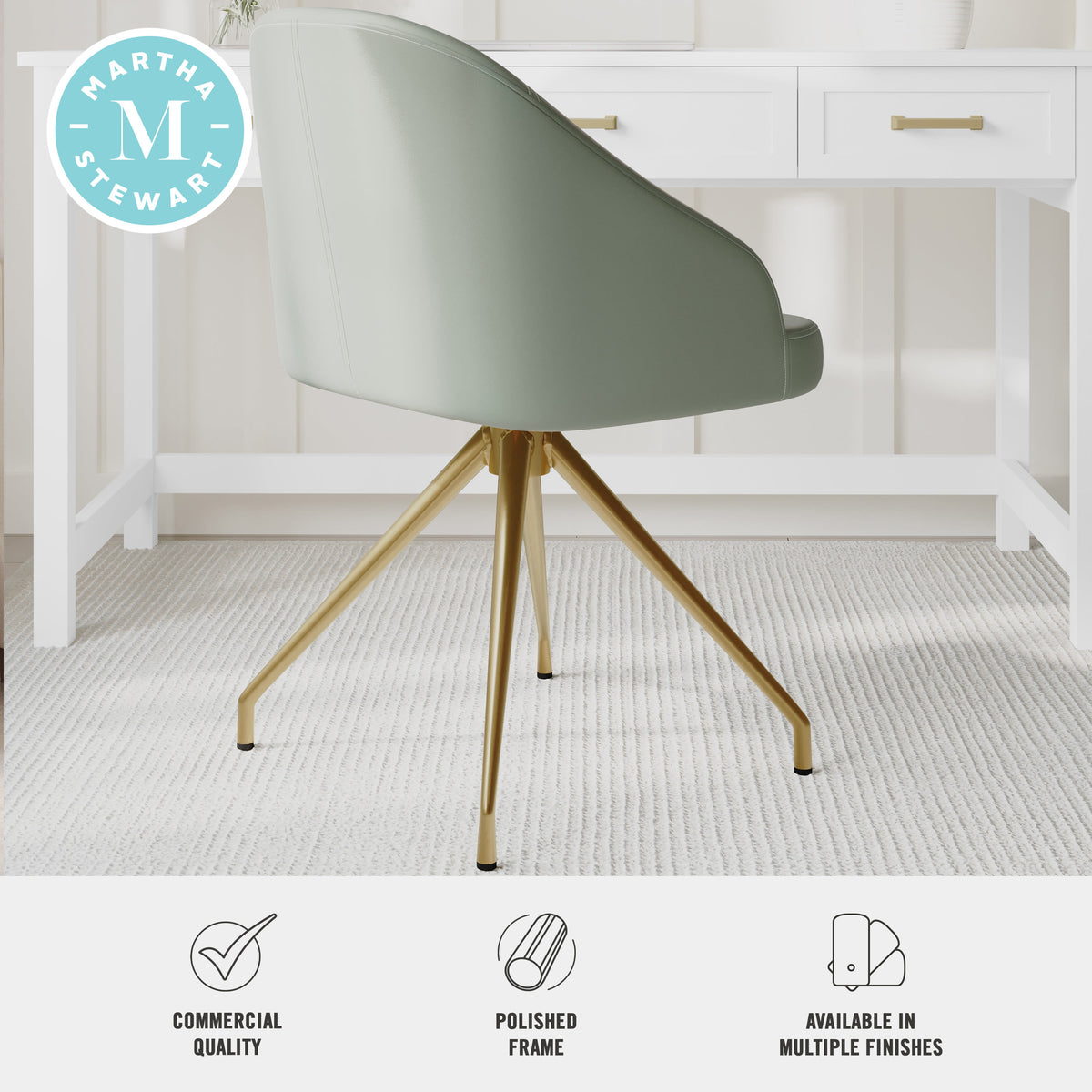 Sage Faux Leather/Polished Brass Frame |#| Faux Leather Upholstered Stationary Swivel Home Office Chair -Sage/PolishedBrass