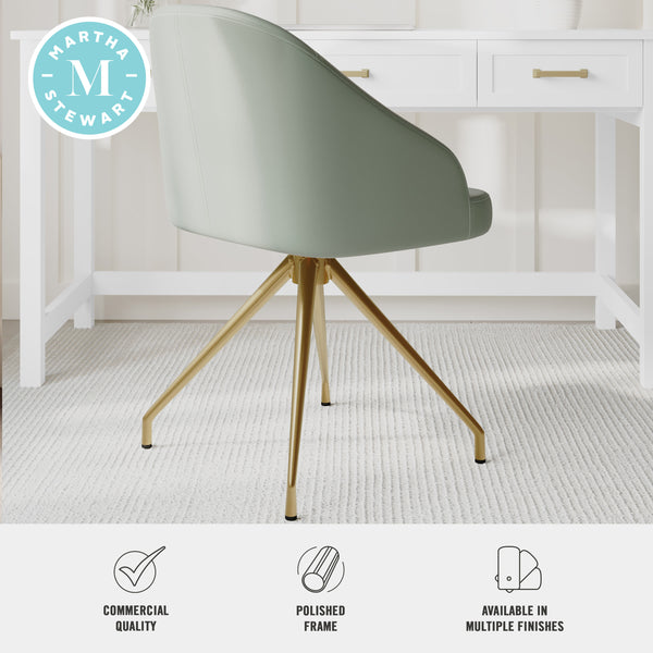 Sage Faux Leather/Polished Brass Frame |#| Faux Leather Upholstered Stationary Swivel Home Office Chair -Sage/PolishedBrass