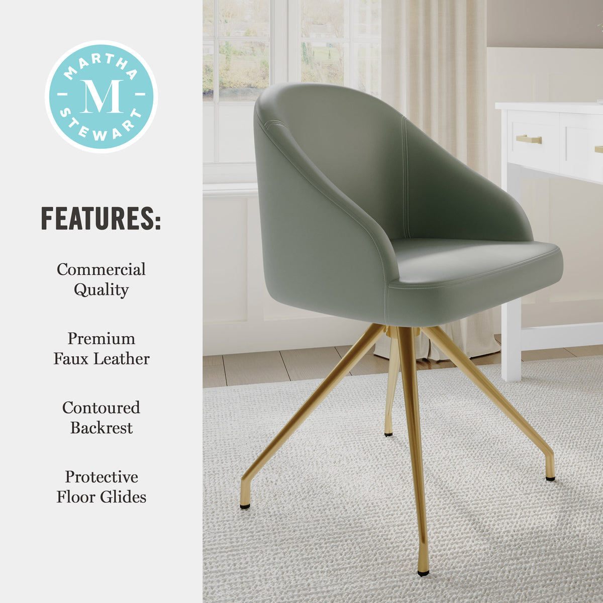 Sage Faux Leather/Polished Brass Frame |#| Faux Leather Upholstered Stationary Swivel Home Office Chair -Sage/PolishedBrass