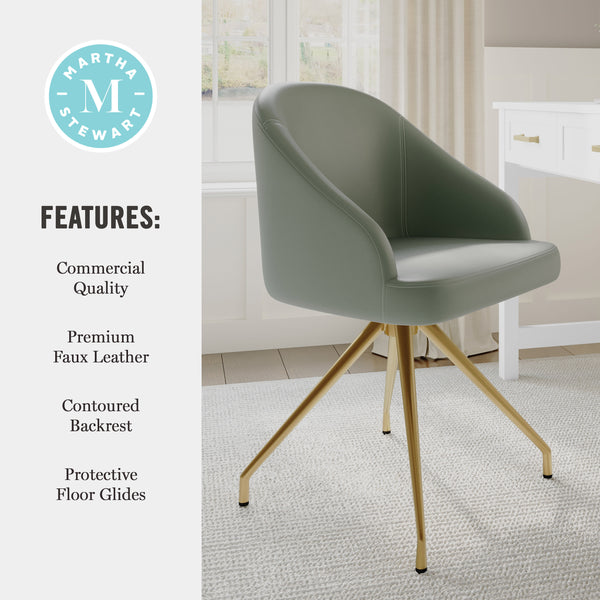 Sage Faux Leather/Polished Brass Frame |#| Faux Leather Upholstered Stationary Swivel Home Office Chair -Sage/PolishedBrass