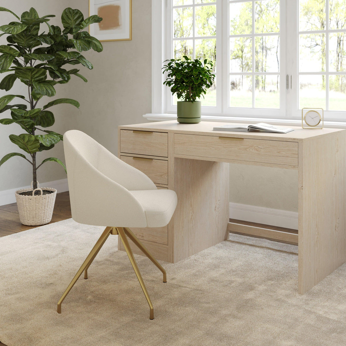 Off White Boucle/Polished Brass Frame |#| Boucle Upholstered Stationary Swivel Home Office Chair -Off White/Polished Brass