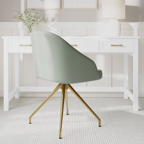 Sage Faux Leather/Polished Brass Frame |#| Faux Leather Upholstered Stationary Swivel Home Office Chair -Sage/PolishedBrass