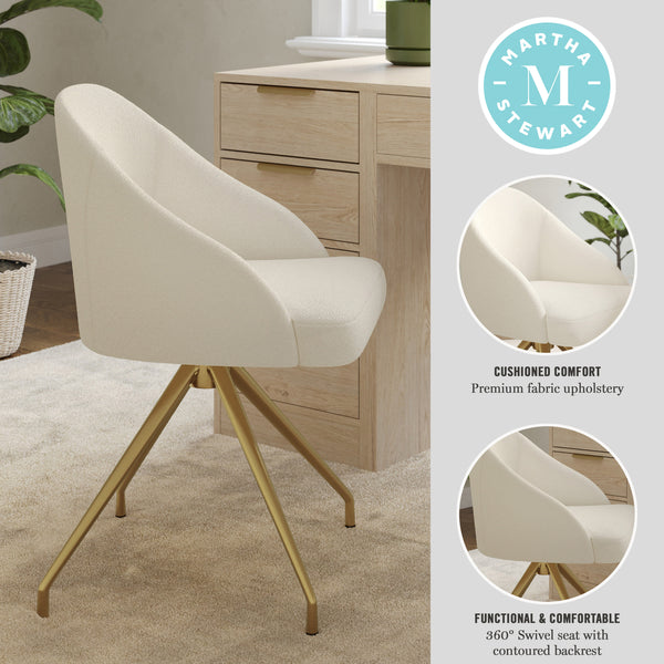 Off White Boucle/Polished Brass Frame |#| Boucle Upholstered Stationary Swivel Home Office Chair -Off White/Polished Brass