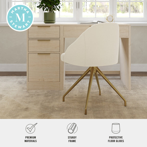 Off White Boucle/Polished Brass Frame |#| Boucle Upholstered Stationary Swivel Home Office Chair -Off White/Polished Brass