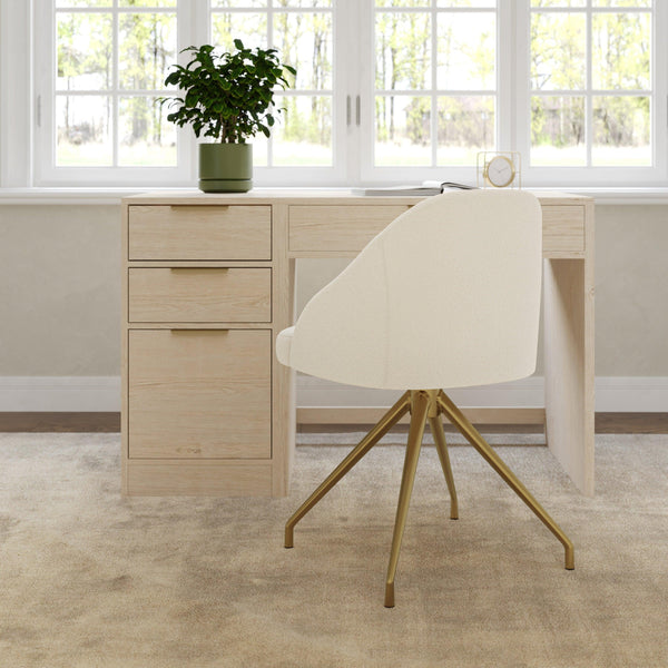 Off White Boucle/Polished Brass Frame |#| Boucle Upholstered Stationary Swivel Home Office Chair -Off White/Polished Brass