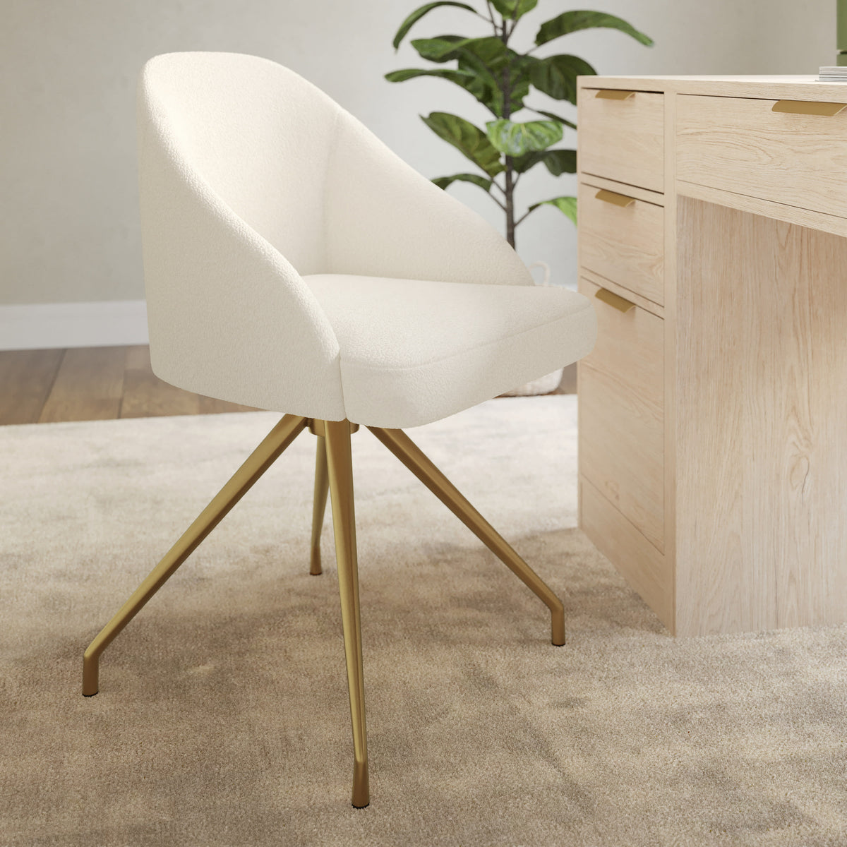 Off White Boucle/Polished Brass Frame |#| Boucle Upholstered Stationary Swivel Home Office Chair -Off White/Polished Brass