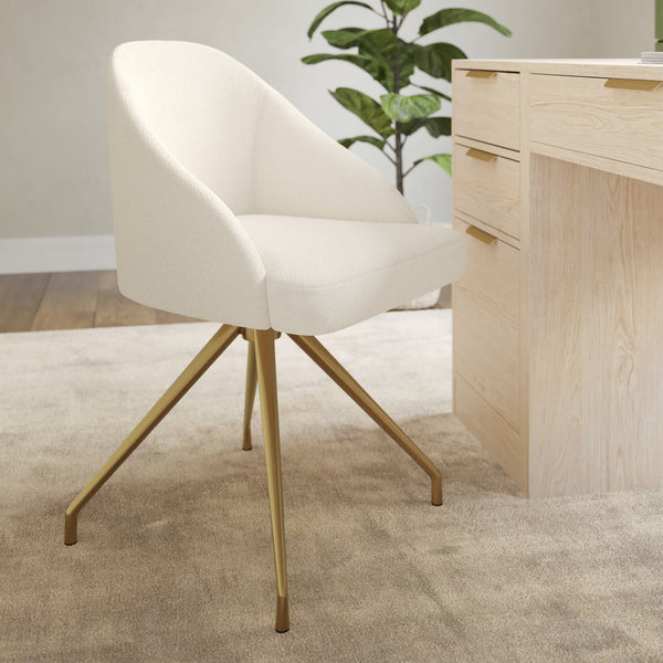 Off White Boucle/Polished Brass Frame |#| Boucle Upholstered Stationary Swivel Home Office Chair -Off White/Polished Brass