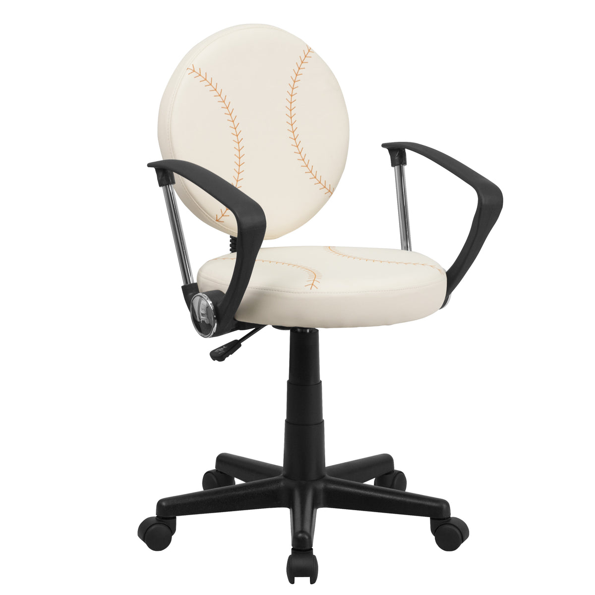 Brown and Cream |#| Baseball Vinyl Upholstered Swivel Task Chair with Arms and Adjustable Height