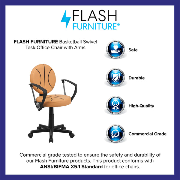 Black and Orange |#| Basketball Vinyl Upholstered Swivel Task Chair with Arms and Adjustable Height