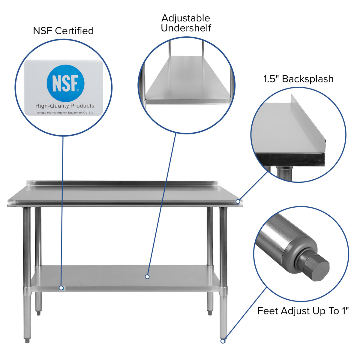 48"W x 24"D |#| Stainless Steel 18 Gauge Work Table with Backsplash and Shelf, NSF - 48"W x 24"D