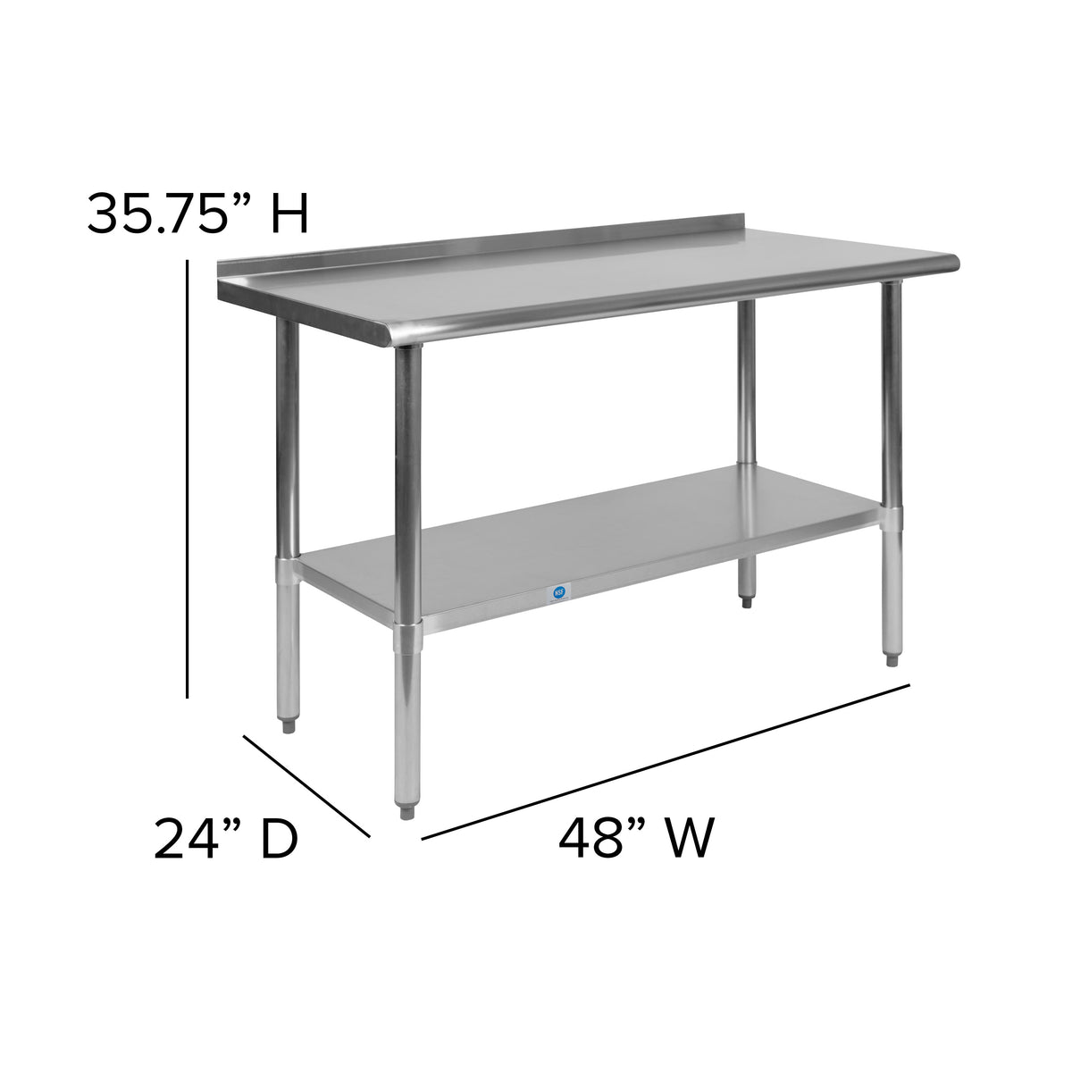 48"W x 24"D |#| Stainless Steel 18 Gauge Work Table with Backsplash and Shelf, NSF - 48"W x 24"D