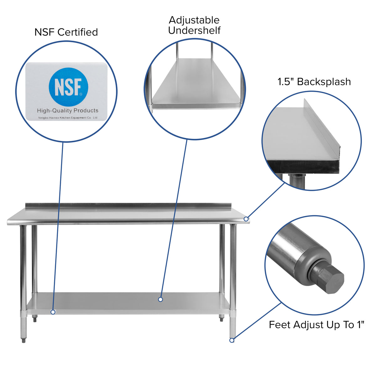 60"W x 24"D |#| Stainless Steel 18 Gauge Work Table with Backsplash and Shelf, NSF - 60"W x 24"D