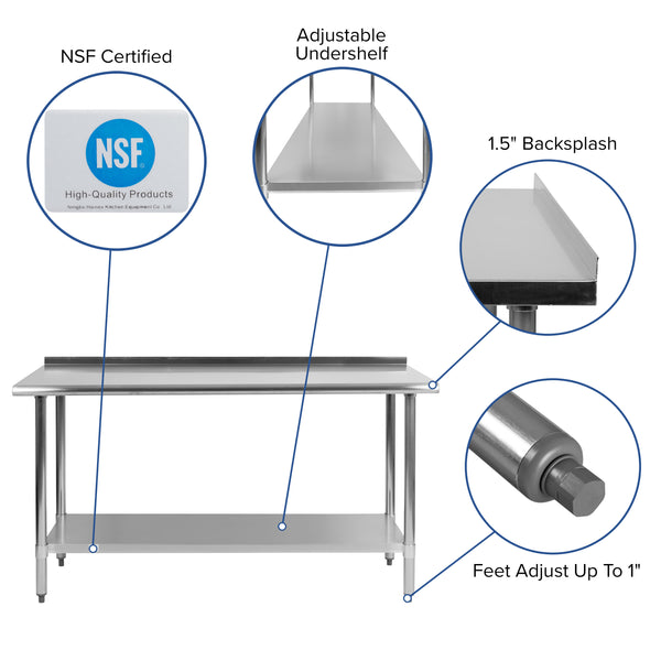 60"W x 24"D |#| Stainless Steel 18 Gauge Work Table with Backsplash and Shelf, NSF - 60"W x 24"D