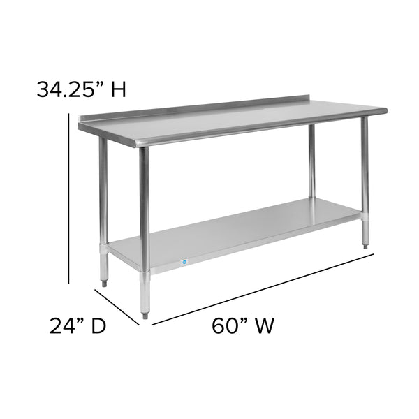 60"W x 24"D |#| Stainless Steel 18 Gauge Work Table with Backsplash and Shelf, NSF - 60"W x 24"D