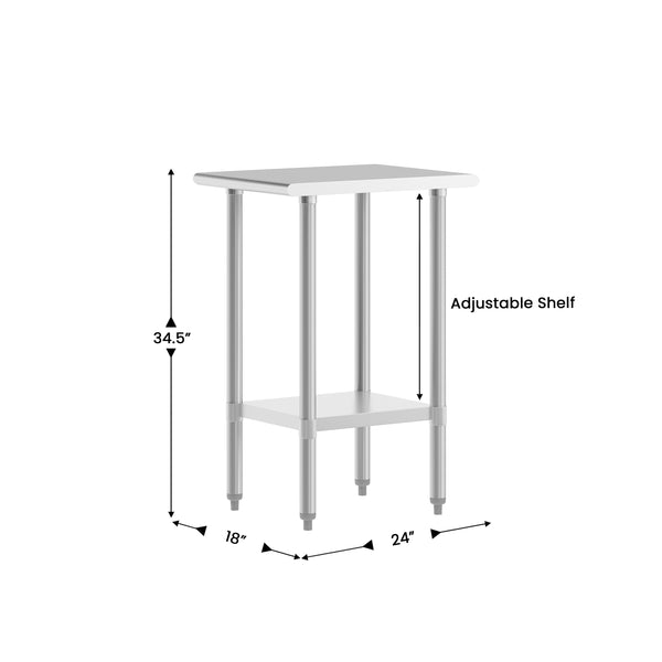 24"W x 18"D |#| Commercial Stainless Steel 18 Gauge Work Table with Undershelf - 24x18