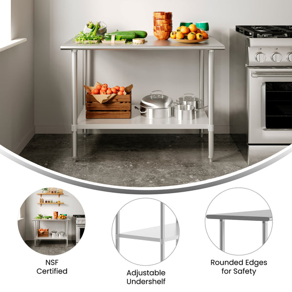 48"W x 30"D x 34.5"H |#| Commercial Stainless Steel 18 Gauge Work Table with Undershelf - 30x48