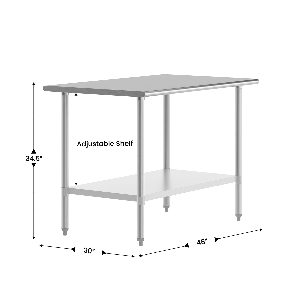 48"W x 30"D x 34.5"H |#| Commercial Stainless Steel 18 Gauge Work Table with Undershelf - 30x48