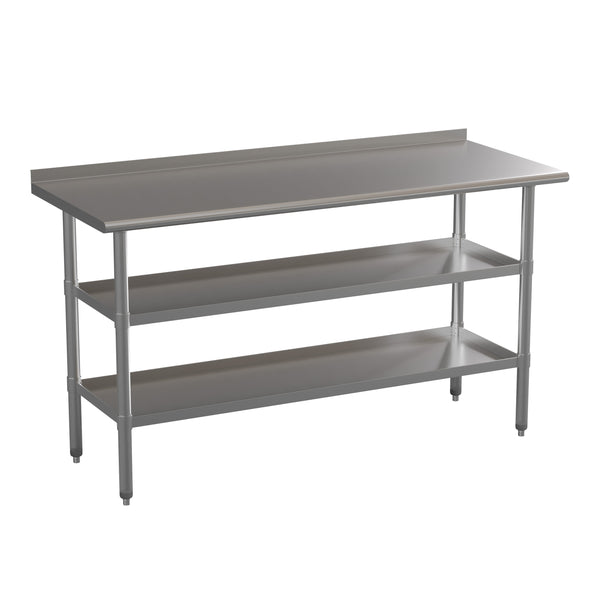 60"W x 24"D |#| 60"W x 24"D NSF Stainless Steel 18 Gauge Work Table - Backsplash and 2 Shelves