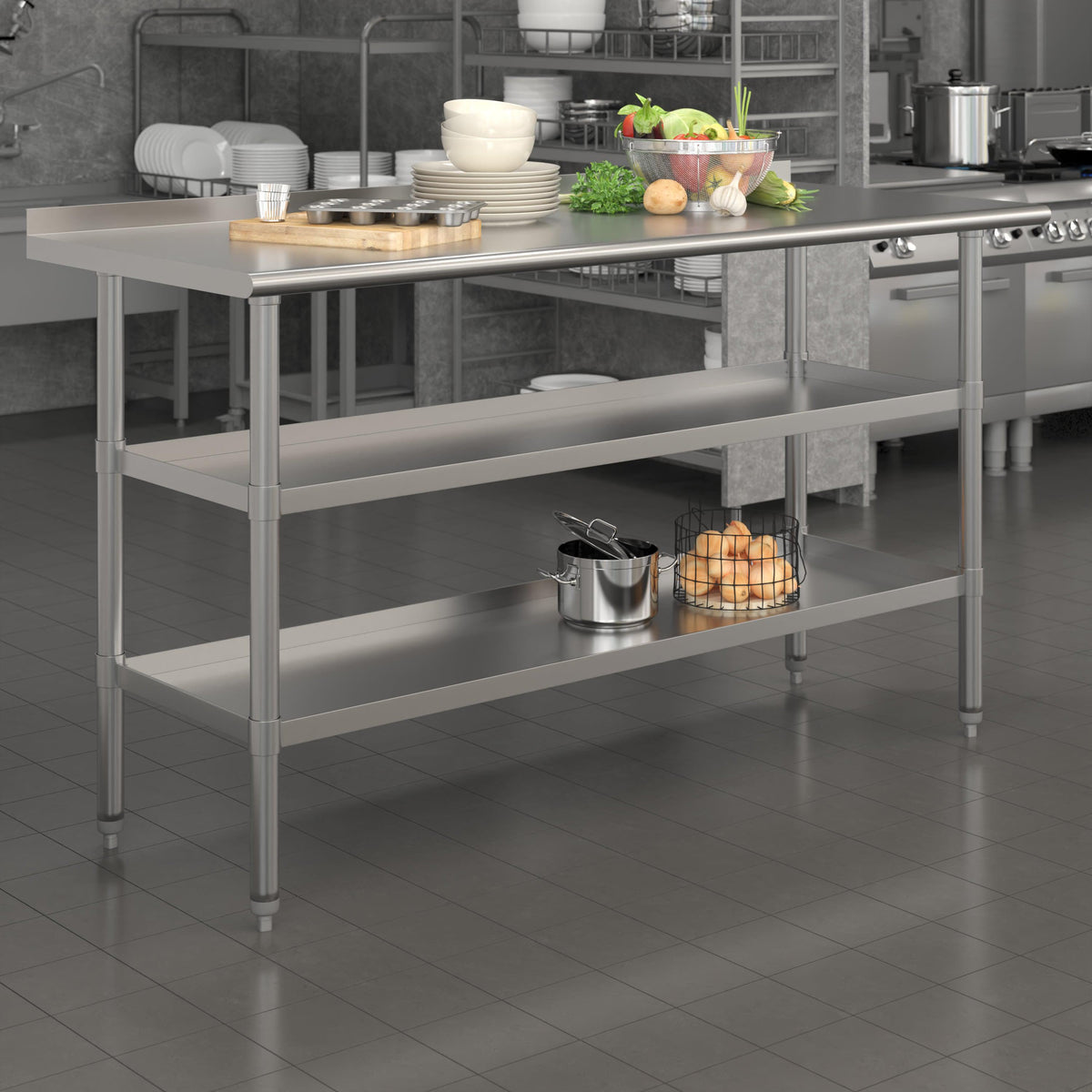 60"W x 24"D |#| 60"W x 24"D NSF Stainless Steel 18 Gauge Work Table - Backsplash and 2 Shelves