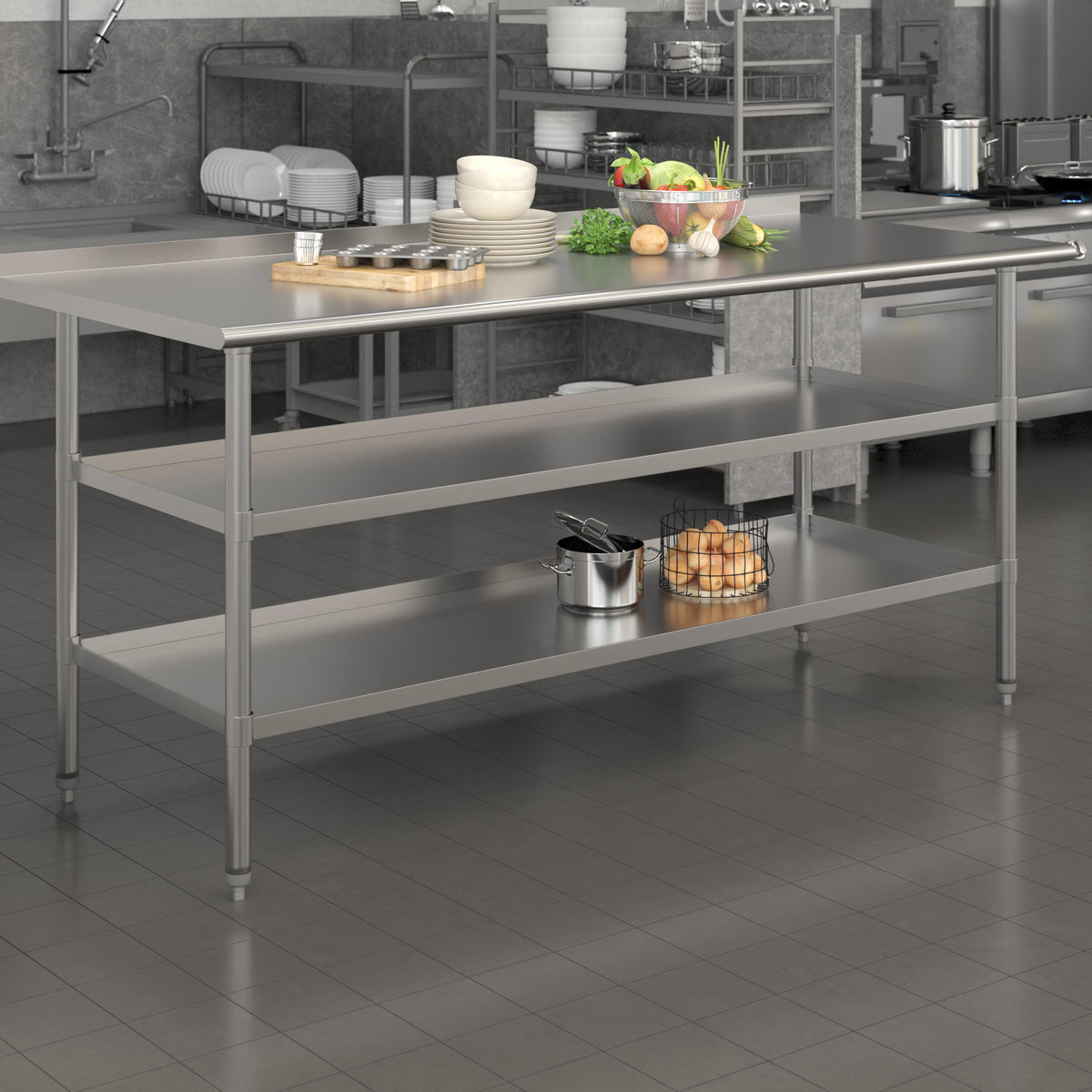 72"W x 30"D |#| 72"W x 30"D NSF Stainless Steel 18 Gauge Work Table - Backsplash and 2 Shelves