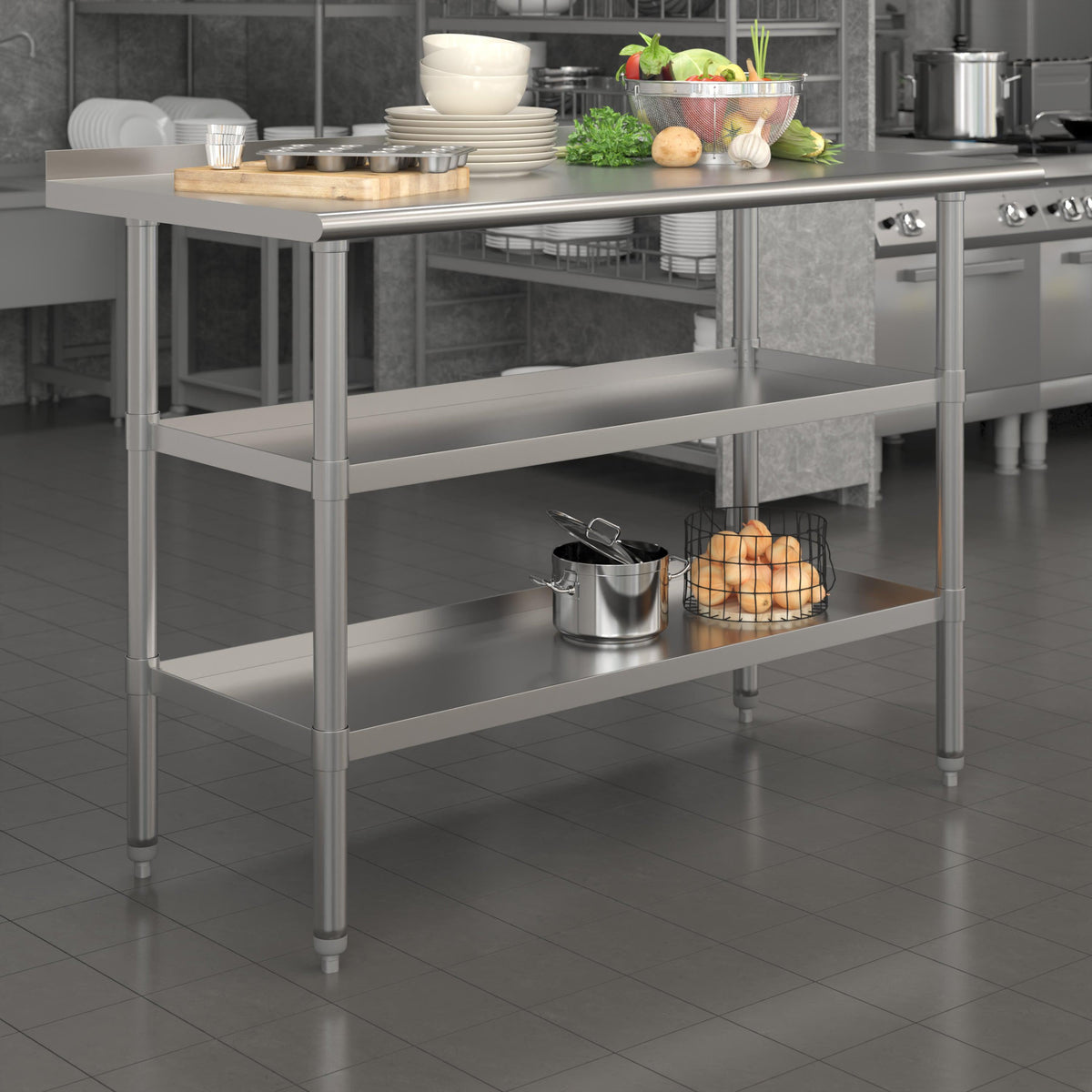 48"W x 24"D |#| 48"W x 24"D NSF Stainless Steel 18 Gauge Work Table - Backsplash and 2 Shelves