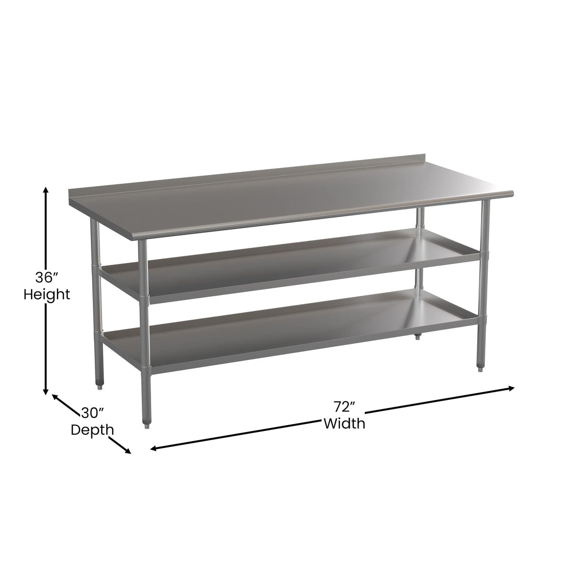 72"W x 30"D |#| 72"W x 30"D NSF Stainless Steel 18 Gauge Work Table - Backsplash and 2 Shelves