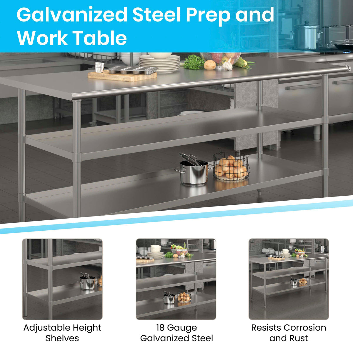 72"W x 30"D |#| 72"W x 30"D NSF Stainless Steel 18 Gauge Work Table with 2 Undershelves