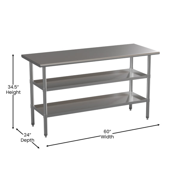 60"W x 24"D |#| 60"W x 24"D NSF Stainless Steel 18 Gauge Work Table with 2 Undershelves