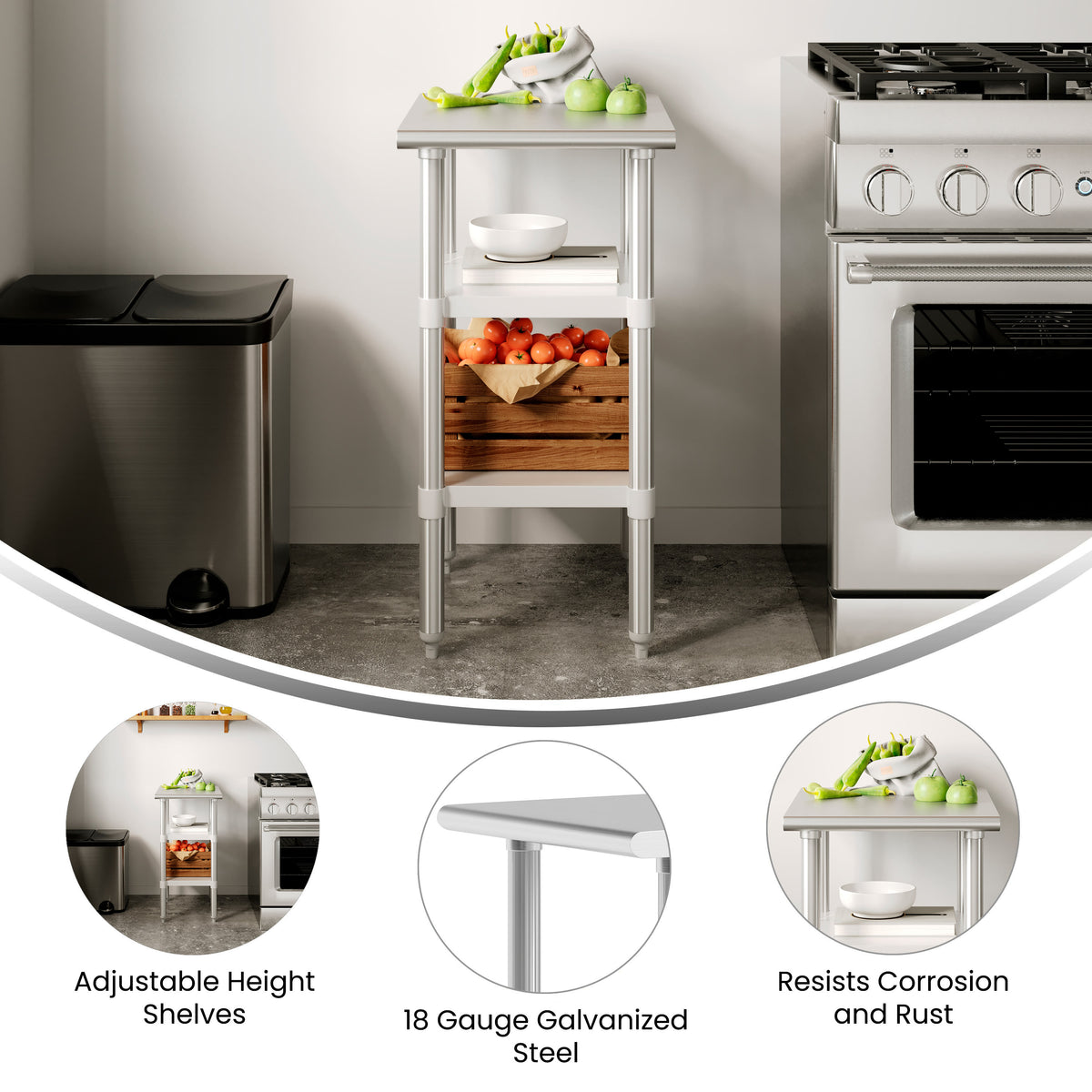 24"W x 18"D |#| Commercial Stainless Steel 18 Gauge Work Table with 2 Undershelves - 24x18